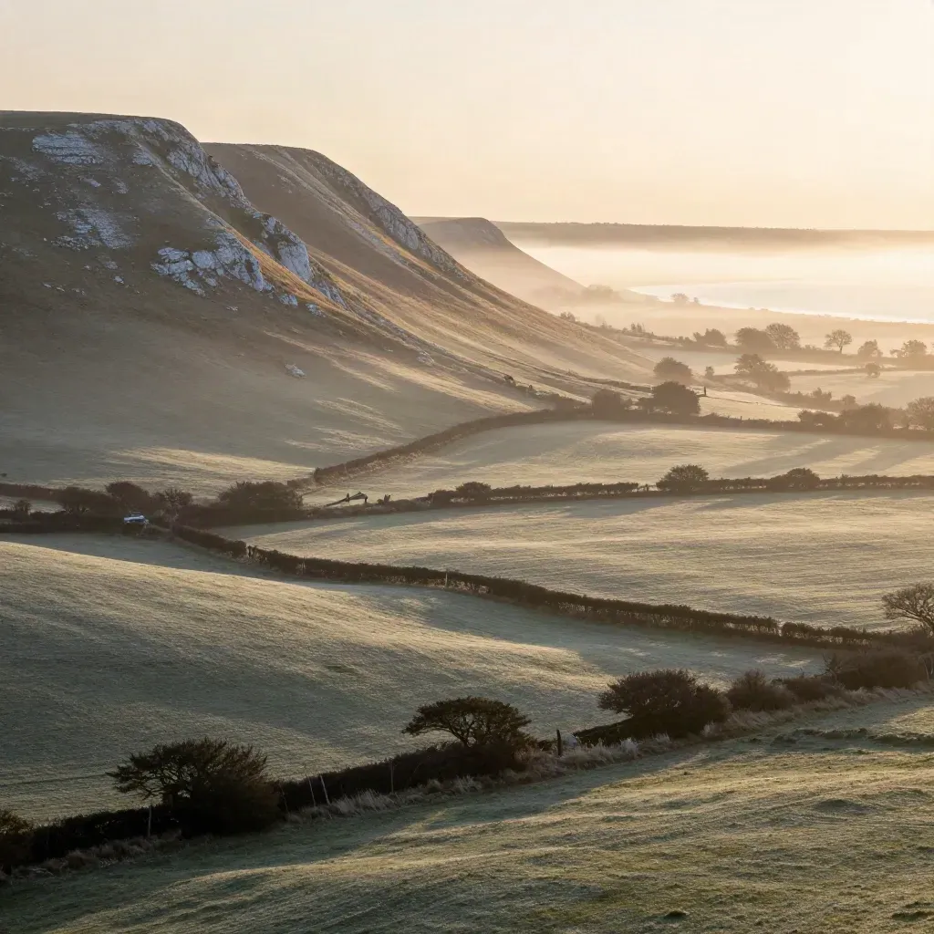 Sunrise over the South Downs with misty chalk slopes and a calm coastal plain.