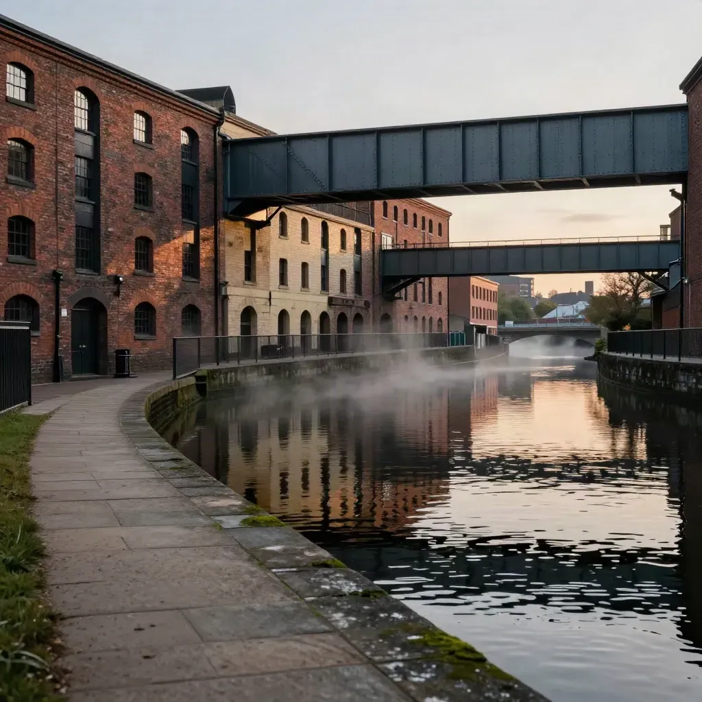 Birmingham canal, brick warehouses and steel bridges in dusk haze above calm water.