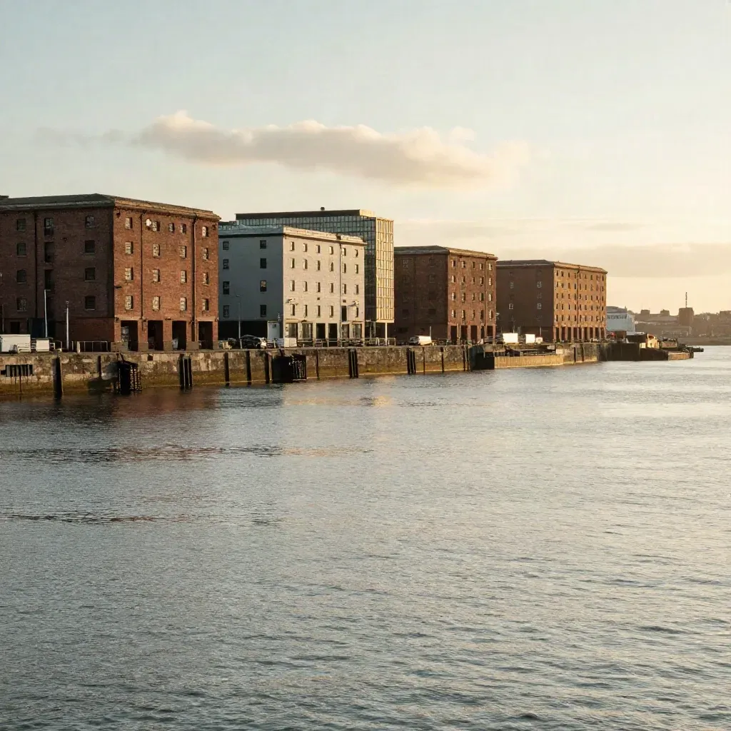 Liverpool Mersey waterfront at golden hour with dock buildings and calm water under amber cloud.