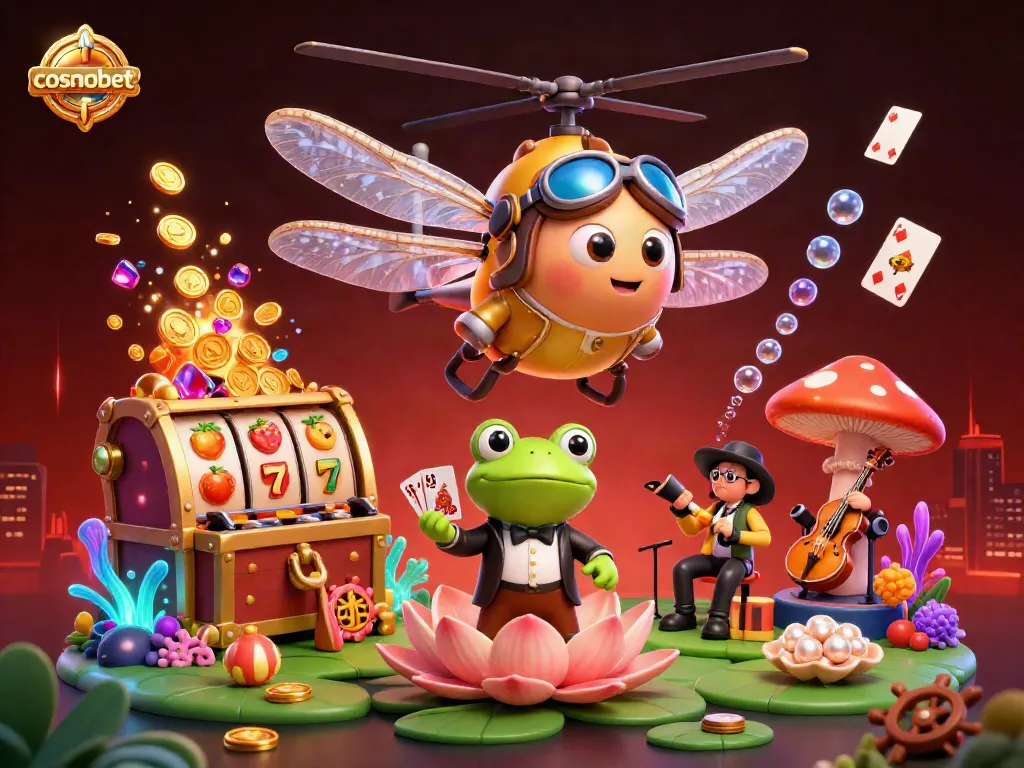 Experience the excitement of cosmobet with a vibrant casino scene featuring a dragonfly pilot and frog croupier.