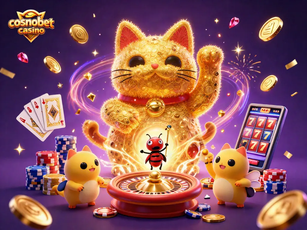 Experience excitement at cosmobet casino with vibrant gaming elements and a lucky cat!