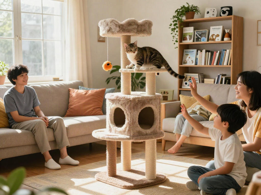 Playful cat exploring a multi-level cat cat tree in a sunny living room.