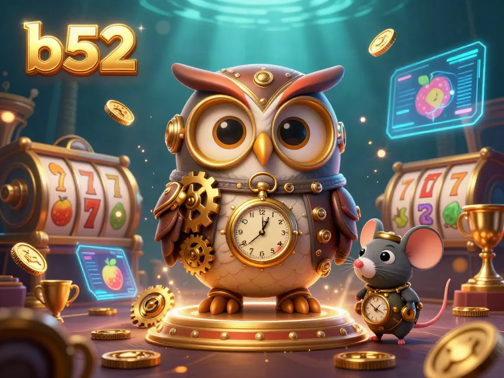 Engage with the dynamic b52 casino scene featuring an owl and clockwork mouse amidst slot game excitement.