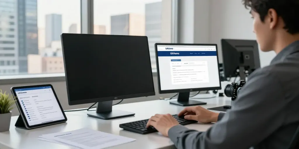 .uk domain registration process in a modern office setting showing a professional engaged with digital devices.