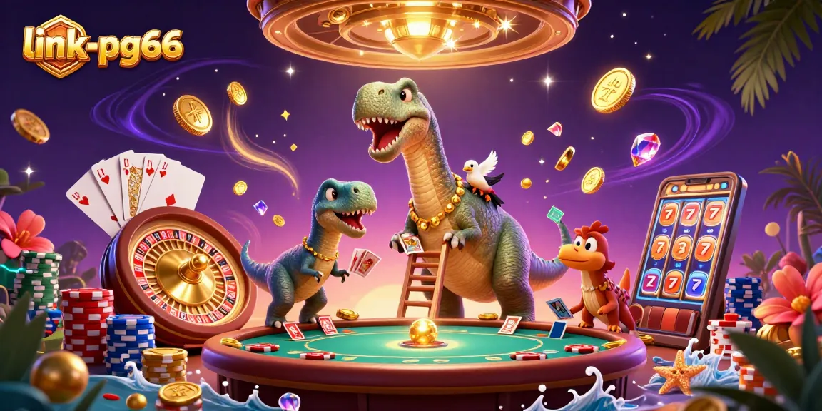 Experience the excitement of link-pg66 with a giant brontosaurus in a dynamic casino scene.