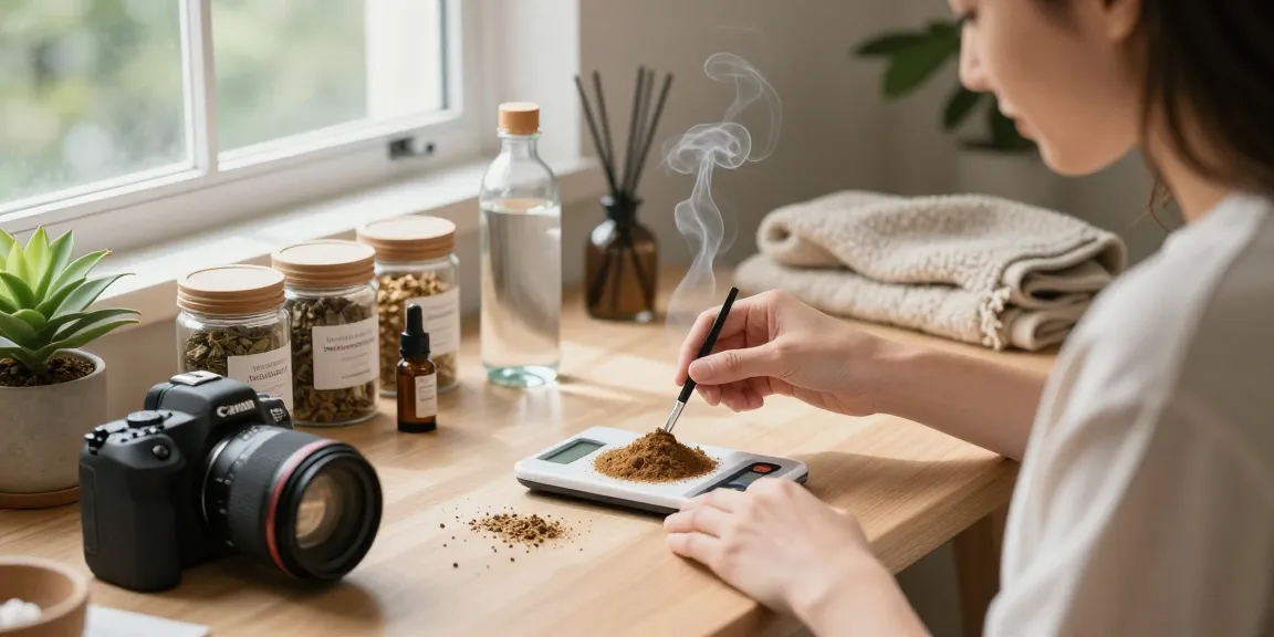 Person measuring lab-tested white Sumatra kratom powder in a cozy wellness workspace, emphasizing health and tranquility.