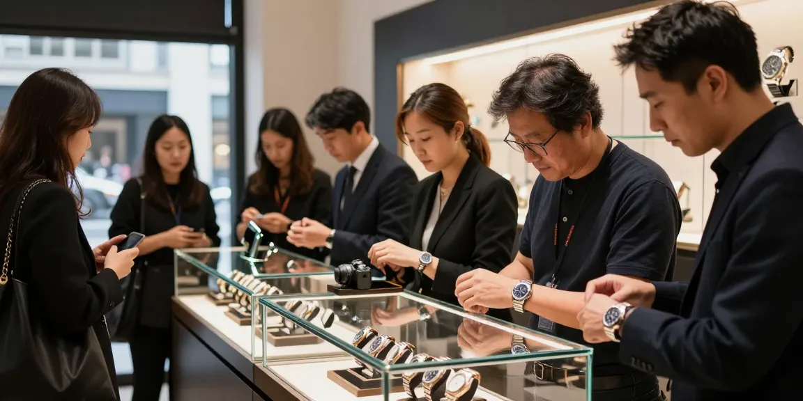 Watch enthusiasts exploring luxury clone watches, showcasing exquisite replicas in an inviting urban shop.