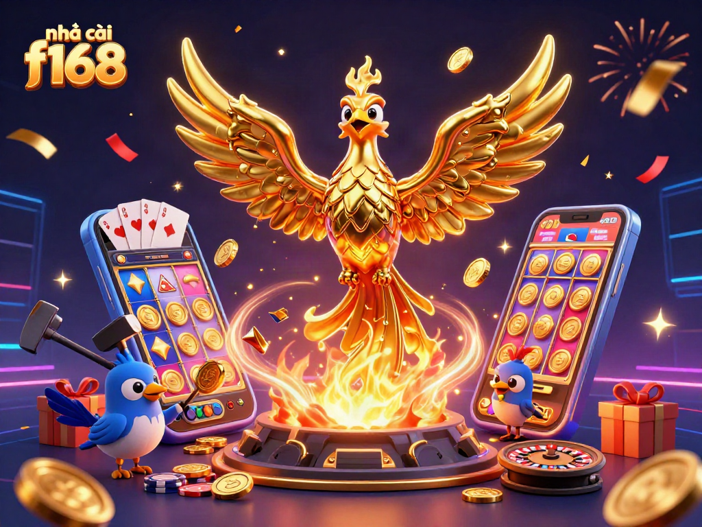 Experience excitement at nhà cái f168 with a golden phoenix symbolizing wealth and casino thrills.