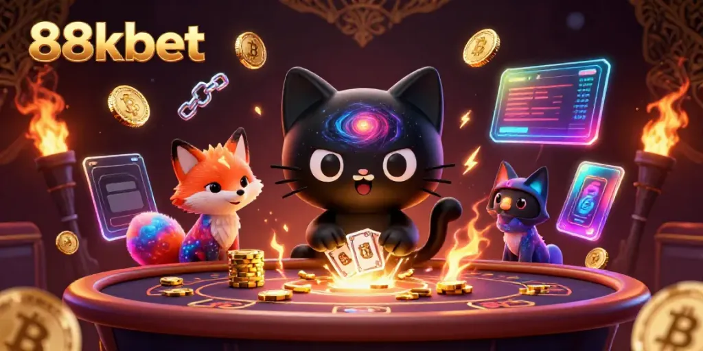 Engage with 88kbet at a cosmic casino table, surrounded by vibrant cryptocurrency elements.