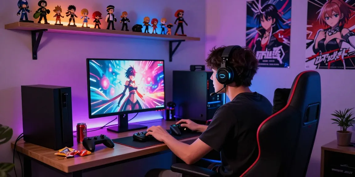 Player immersed in a colorful gaming room while enjoying a hentai game on a high-end monitor.