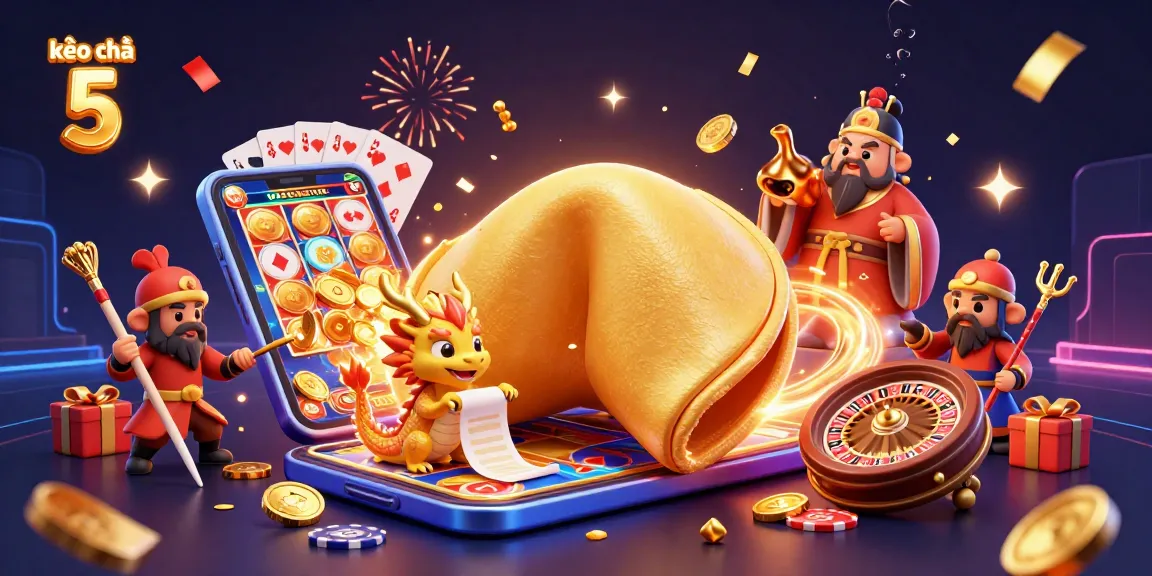 Kèo nhà cái 5 highlights a dynamic casino scene with a golden cookie dragon and gaming action elements.