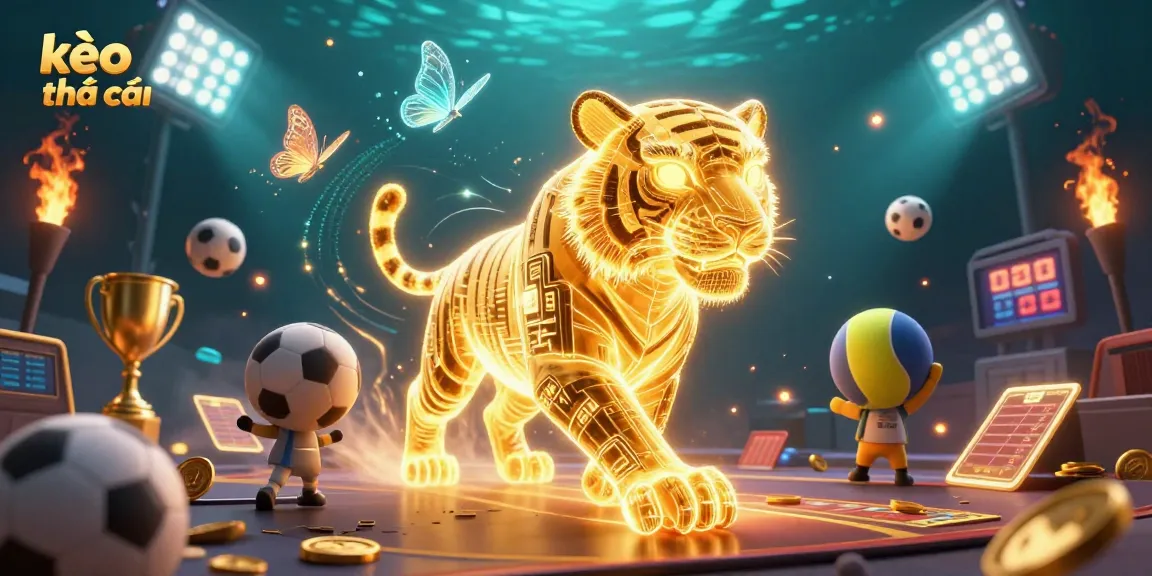 Engage with the kèo nhà cái concept in a dynamic digital casino illustration filled with sports elements.