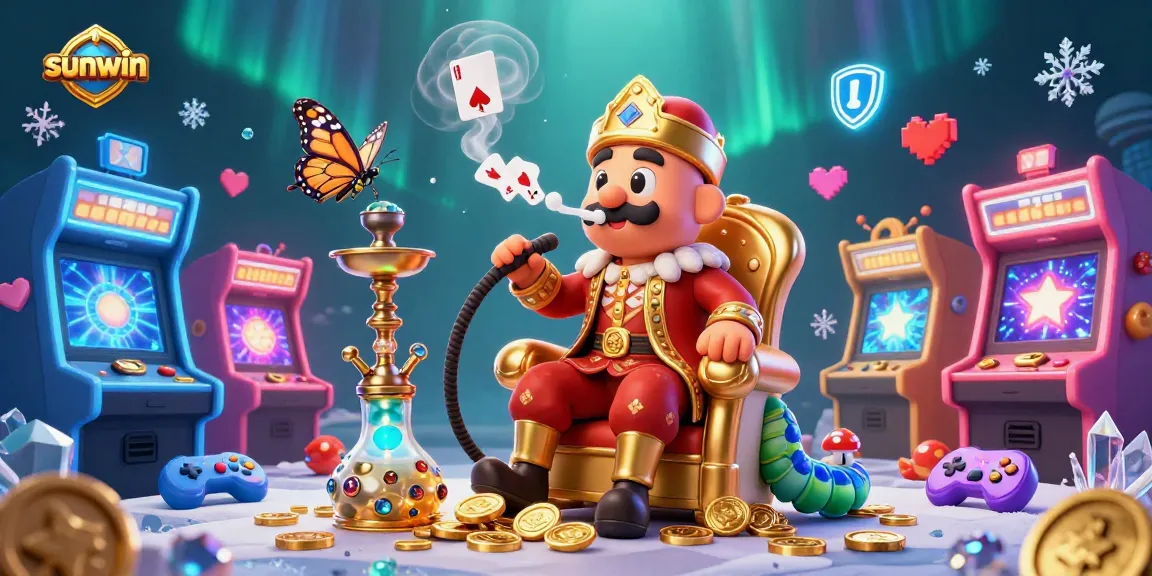 Experience sunwin's vibrant casino games with a whimsical caterpillar hookah-master illustration.