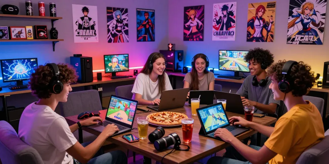 Friends enjoying ecchi games in a vibrant gaming lounge with LED lights and fun atmosphere.
