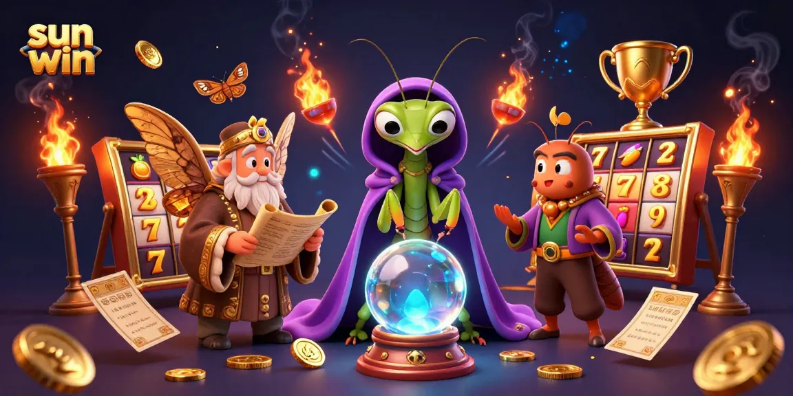 Play engaging slots at sun win, featuring a vibrant illustration of a fortune teller amidst dynamic casino elements.