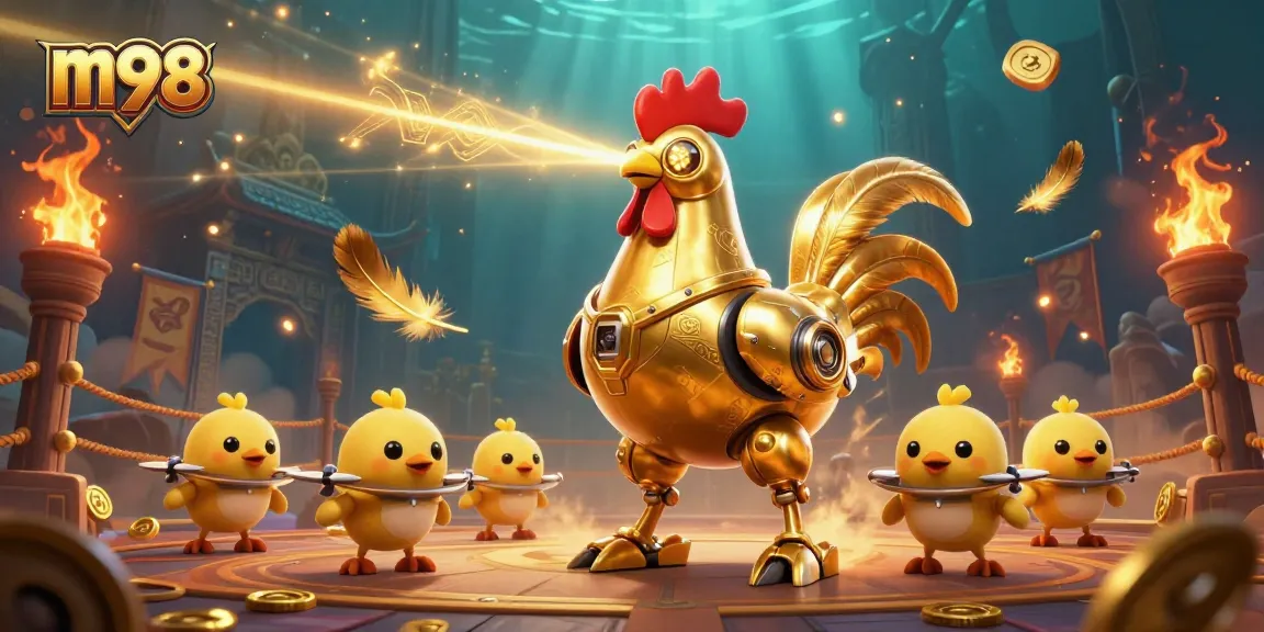 Engage with the thrilling m98 casino experience featuring a golden rooster robot and baby chick drones in action.